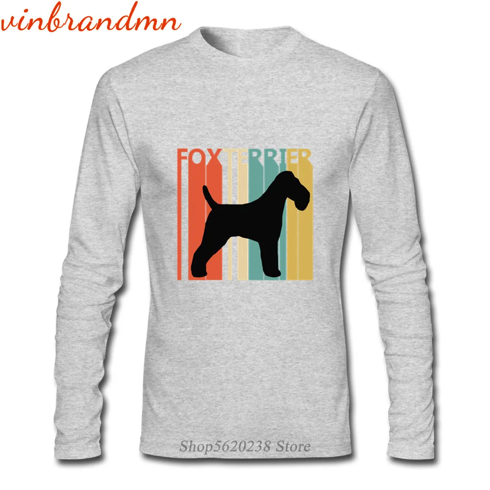 Vintage 1970s Fox Terrier Dog Print T Shirt Long Sleeve Round Collar Tshirt Fox Terrier Dog Design For Men Clothing Dropshipping