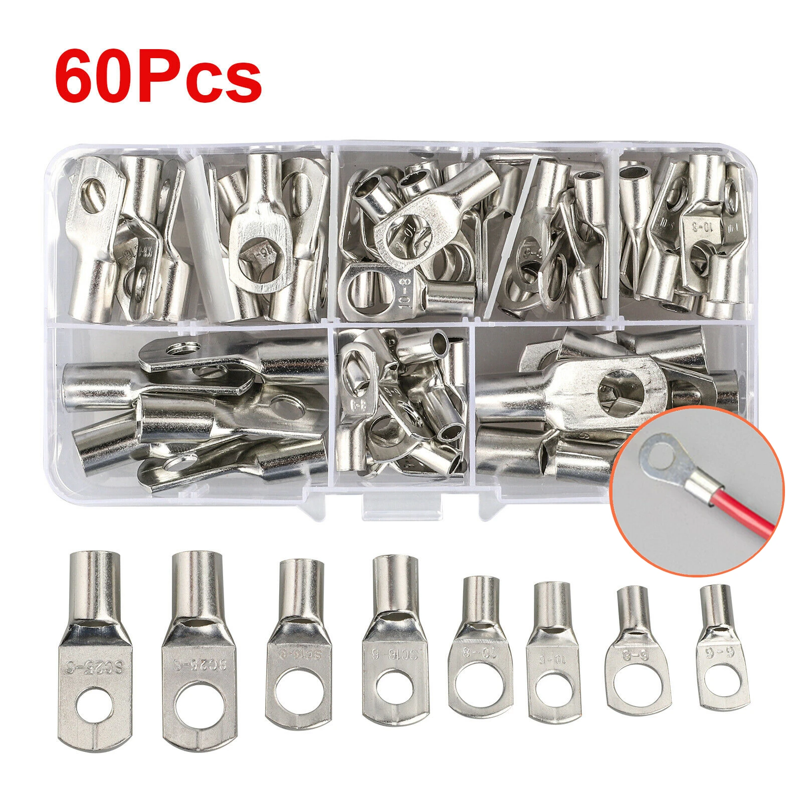 

60PCS 8 Types SC Crimps Terminal Copper Ring Lug Kit Bolt Hole Cable lugs Battery Terminals Electrical Wire Connectors Car