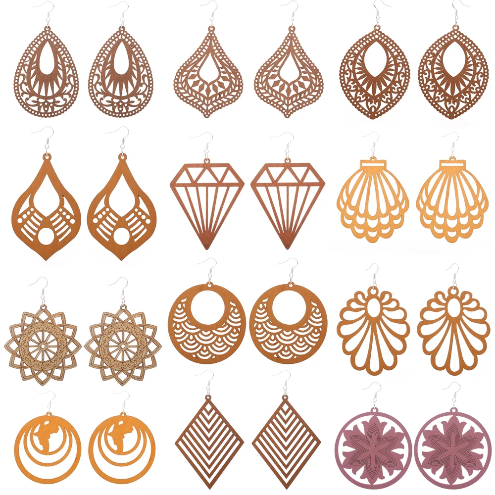 Roform Wholesale 12 Pairs Good Quality Long Wood Earrings brown Hollow African style Earings for women Pendant 2020 novelty