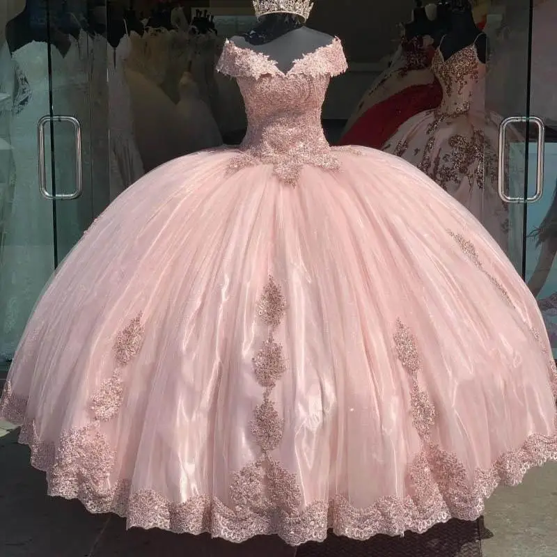 2021 Spring Girls Women Pink Appliques Cap Sleeves Classic Ball Gown Quinceanera Dresses WQ9856