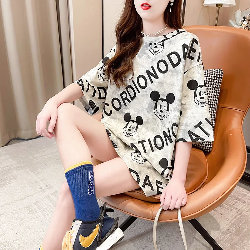 Cartoon Mickey letter printed short-sleeved women's loose T-shirt new purple mid-length top bottoming shirt Harajuku style