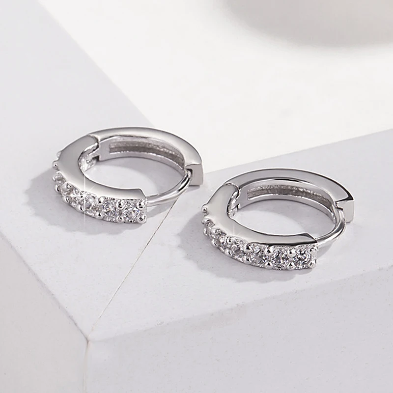 New Punk Rock Jewelry Girl&Men 925 Sterling Silver Simple Exquisite Hoop Earrings Unisexual Shine Rhinestone Hook Ear Circle