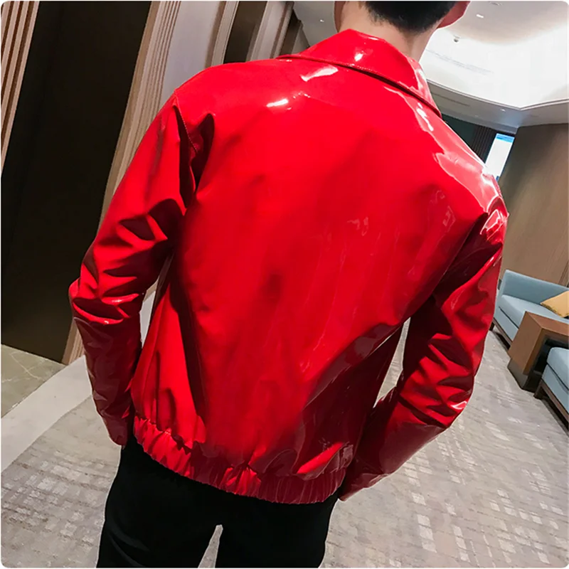 Shiny Leather Jacket Men\'s Stage Costume Red Black Brown Nightclub Club Men\'s Leather Jacket Solid Color Slim Men\'s Jacket Coats