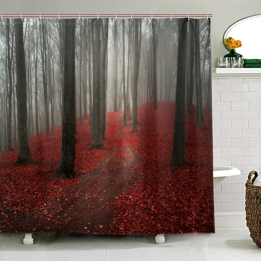 Foggy Day Into The Forest During Autumn Shower Curtains 100% Polyester Fabric Curtain for Bathroom Waterproof Bath Curtain