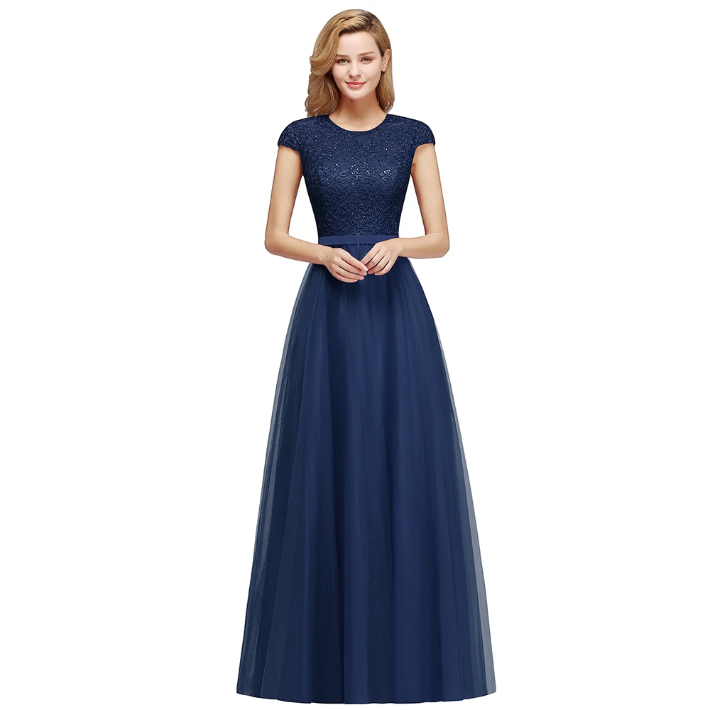 Abiti da damigella d'onore in Chiffon lungo pizzo perline O collo A Line abito da festa di nozze senza maniche elegante Maxi abiti Robe De Mariage