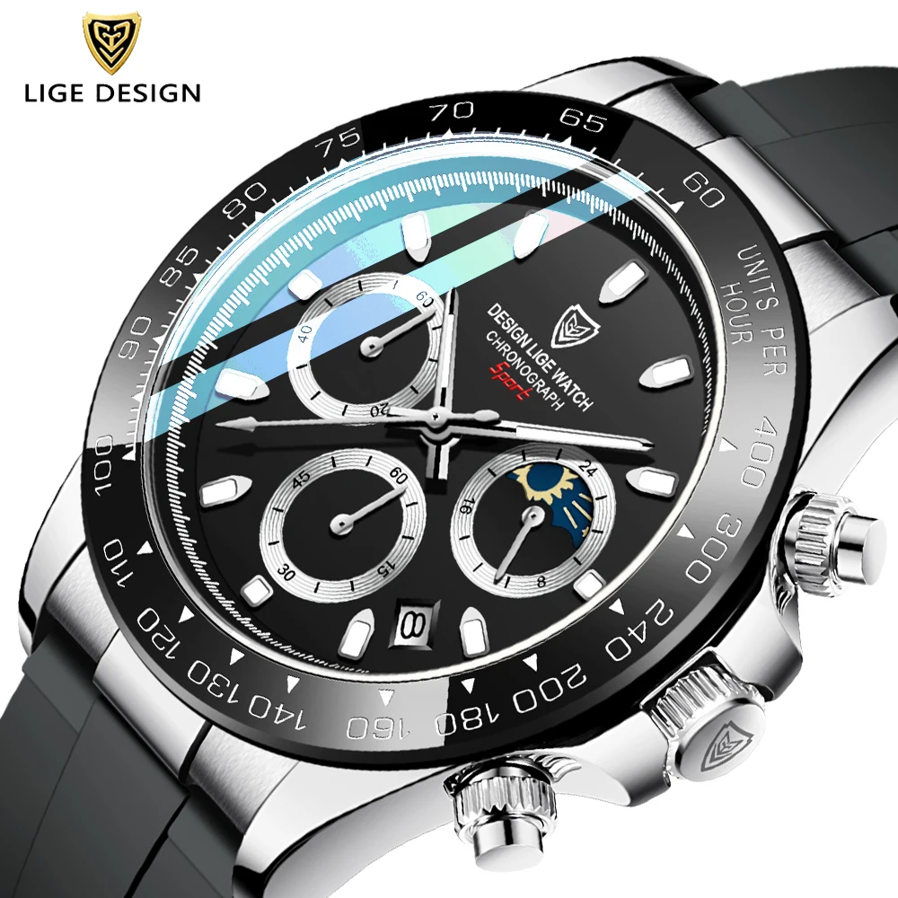 LIGE New Watches Men Luxury Brand Fashion Watch Big Dial Silicone Wristwatch Sport Waterproof Quartz Chronograph Clocks Relogio