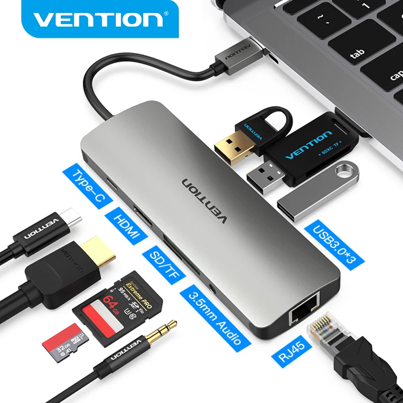 

Vention USB-C концентратора Тип C концентратор USB 3,0 Thunderbolt 3 HDMI 3,5 мм аудио RJ45 адаптер для MacBook Pro samsung Galaxy S9 USB C концентратора