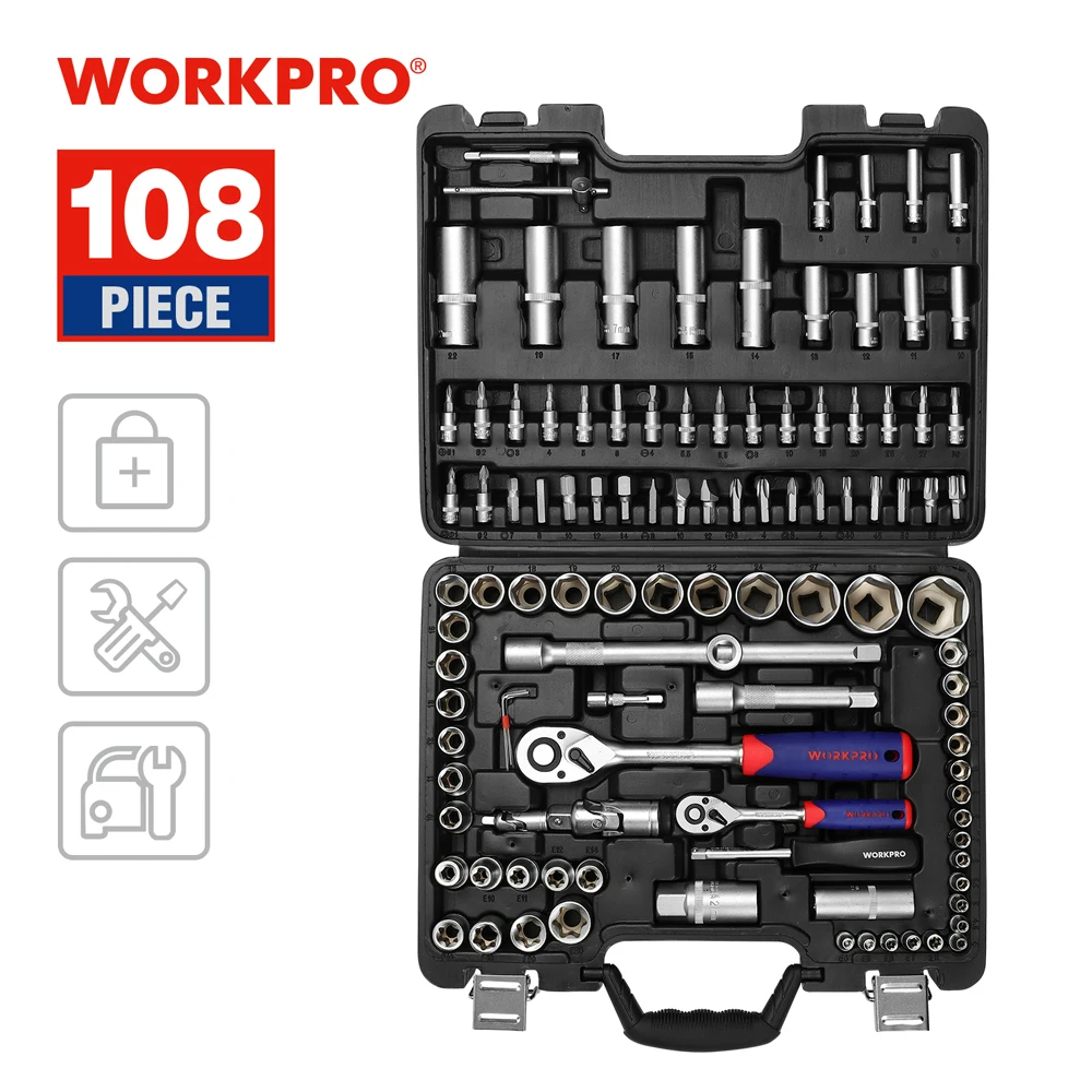 WORKPRO-자동차 수리 공구 세트, 정비 도구 세트, 매트 도금 소켓 세트, 래칫 스패너, 렌치, 108 피스