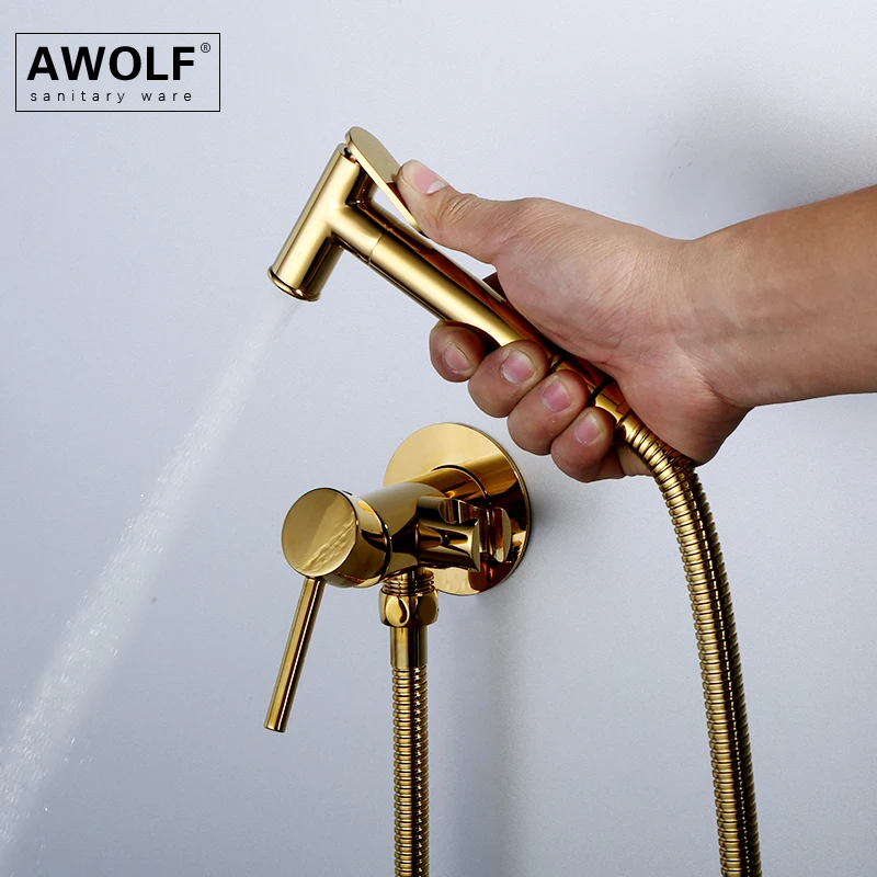 Imagem -02 - Awolf Banheiro Misturador de Bidê Titânio Ouro Chuveiro Higiênico para Banheiro Latão Maciço Pulverizador de Bidê Quente e Frio Ducha wc Ap2237