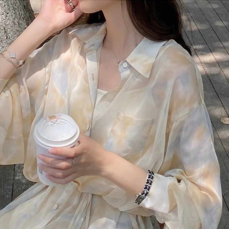 2 Pieces Sets Women Outfits Summer Sun-proof Chiffon All-match Tie Dye Loose Casual Shorts Street Ulzzang Fashion College Daily