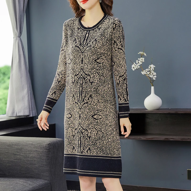 2024 Casual Knitting Jacquard O-Neck Sweater Midi Dress Autumn Winter Vintage Long Sleeve Dresses Women Elegant Bodycon Vestidos