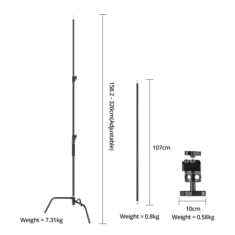 Black Heavy Duty Light Stand with Detachable Base 5-10 feet/1.6-3.2 meters Adjustable C Stand with 2 Risers for Photography