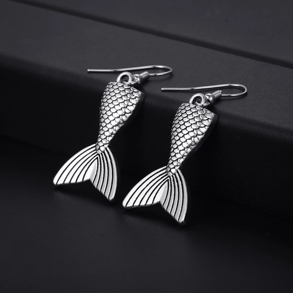 Trendy Vintage Fish Tail Shape Dangle  Antique Silver Plated Earrings for Women Girl Retro Drop Earrings Cute Earring Jewelry