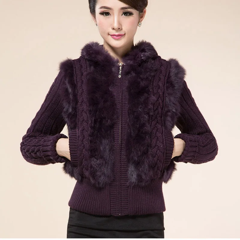 Real Fox Fur Collar Warm Spring Rabbit Fur Coat Female Real Fur Knitted Jacket Outwear Fashion Long Sleeve Hooed Coats Cardigans