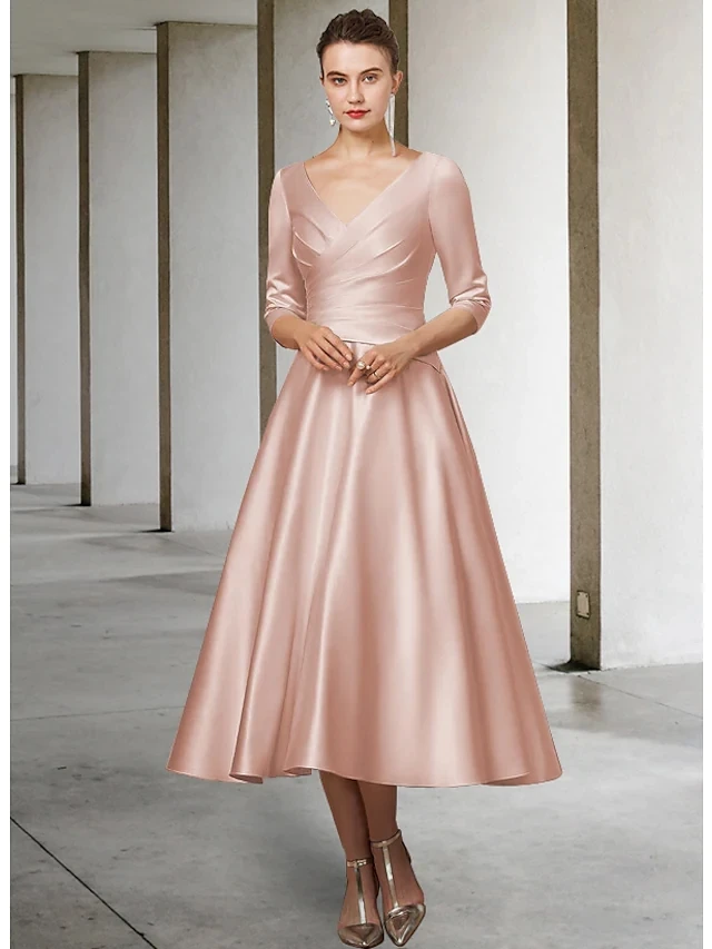 Simple Mother of the Bride Dress Plus Size V Neck Tea Length Satin Half Sleeve Pleats Bridal Party Gown Vestidos Longo