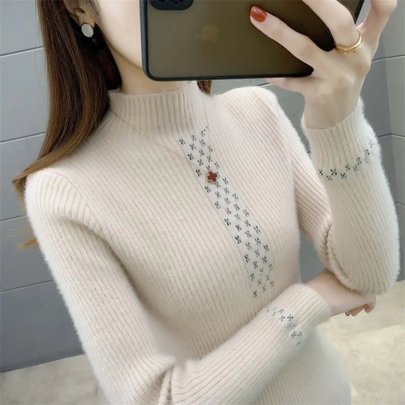 Autumn Winter Women Imitation Mink Velvet Knitted Pullovers Long Sleeve Thin Turtleneck Stretch Sweater Female Basic Jumper Full