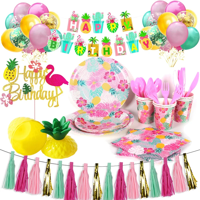 Hawaiian Flamingo Party Decorations ALOHA Happy Birthday Banner Party Tableware Summer Hawaii Tropical Luau Aloha Party Decor