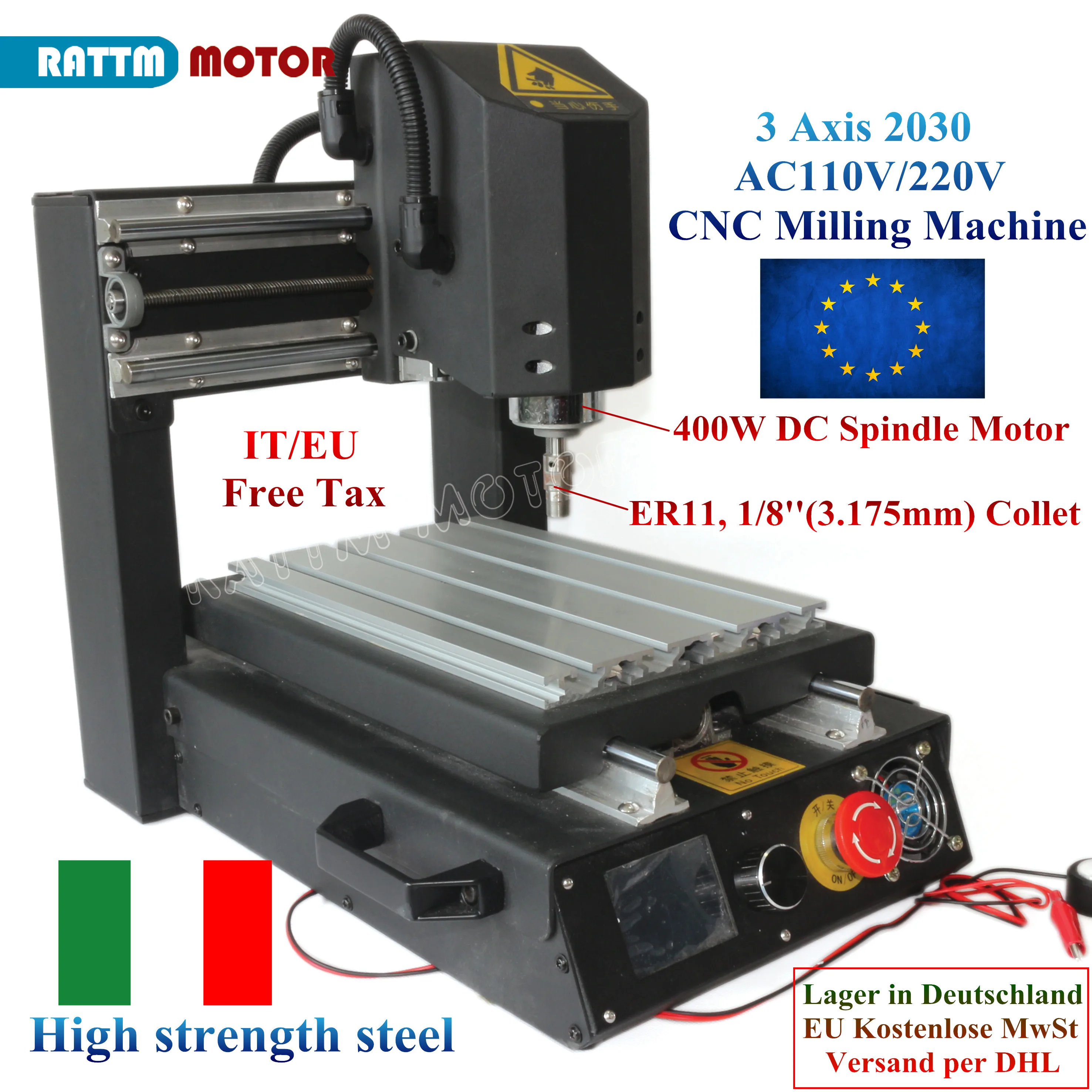 【EU Free VAT】High-Strength Steel 3 Axis 2030 ER11 Desktop CNC Router Engraving Milling Machine 110V/220V+400W DC Spindle Motor