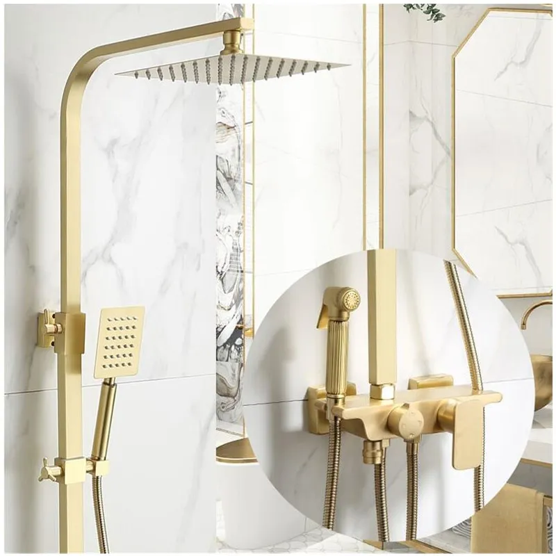 Shower faucet set Brush gold wall mounted shower faucet suit  brass water mixer brass support Rainfall shower head and bidet gun