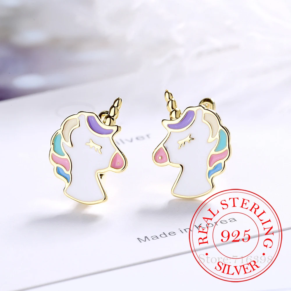 Real 925 Sterling Silver Earring Cute Unicorn Stud Earrings for Ladies Girls Daughters Party Jewelry Best Friend Gift