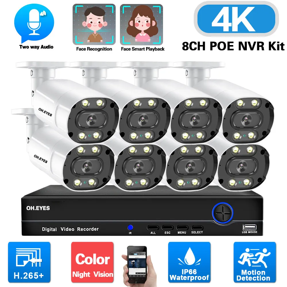 Kit de système de sécurité de caméra de vidéosurveillance à détection de visage, audio bidirectionnel, kit NVR POE 4K, caméra IP 8 canaux, ensemble de système de vidéosurveillance, 8CH