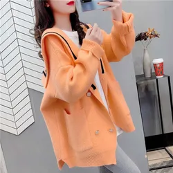 Navy Collar Orange Sweater Cardigan Coat Womens 2024 Autumn New Korean Loose Long Sleeve Pink Knitted Sweater Coat Women