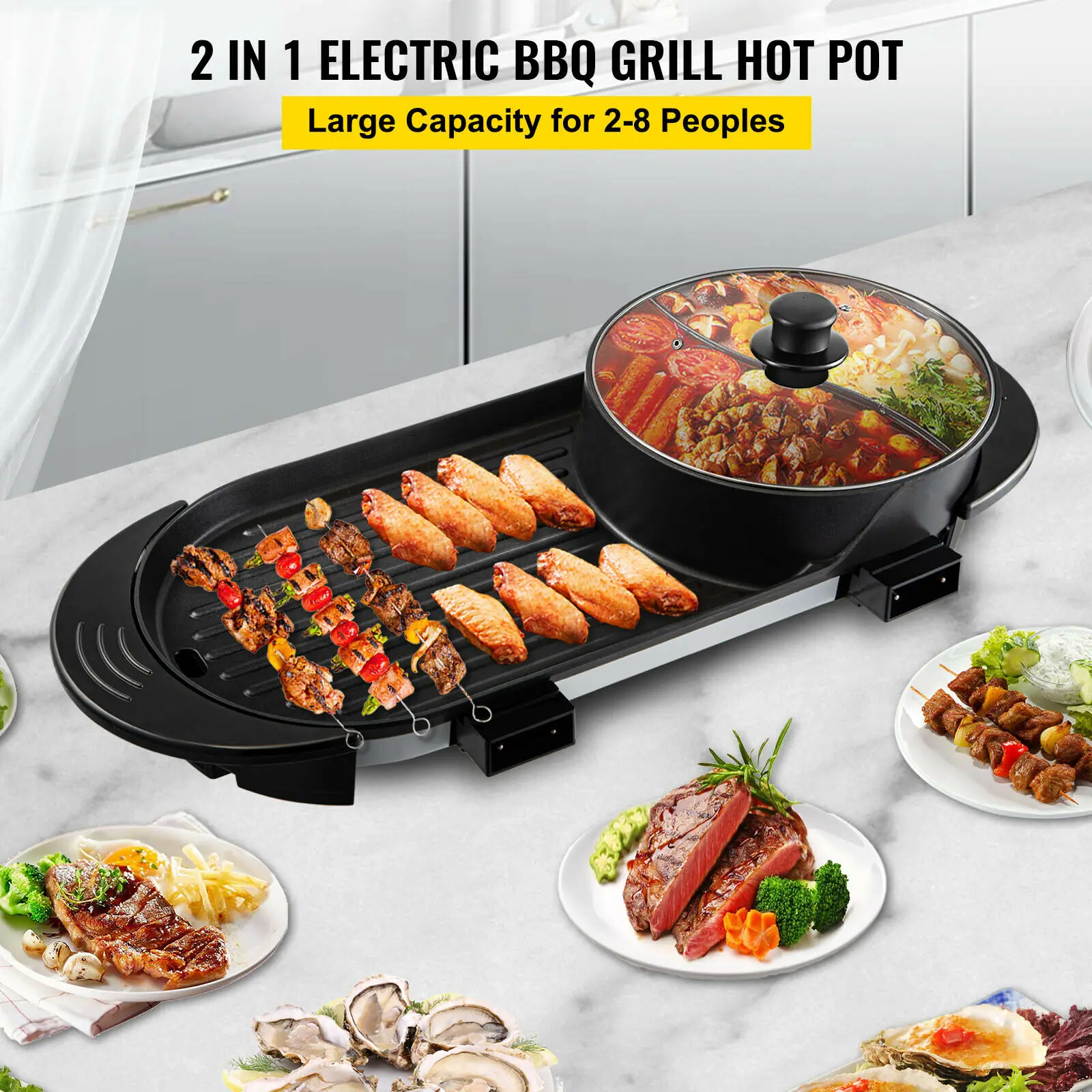 Vevor 2 In 1 Elektrische Bbq Pan Grill Hot Pot Draagbare Rookloze Duurzaam Materiaal Snelle Zelfs Verwarmd Voor Schelpdieren Groenten thuis