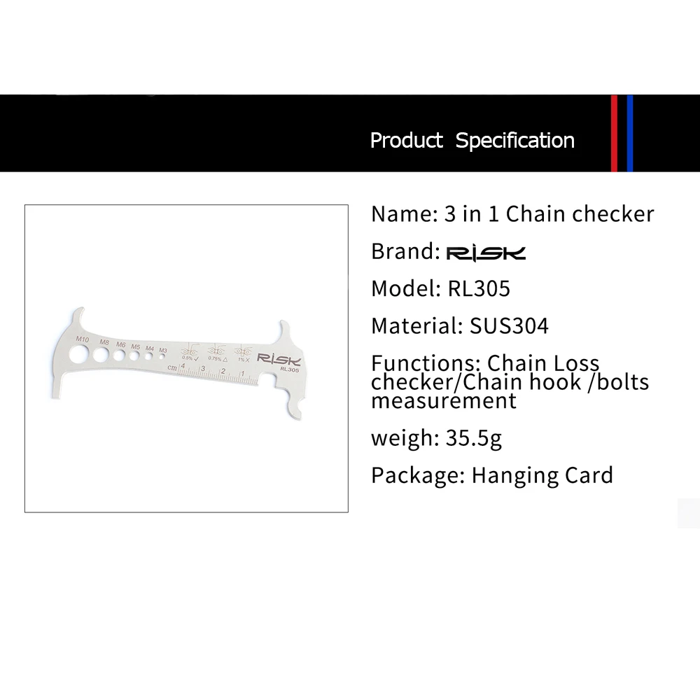 Risk RL305 3 in 1 Bike Bicycle Chain Checker Wear Indicator Chain Hook Bolt Measurement For 8 9 10 11 Speeds Stainless Steel