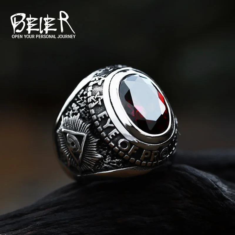 BEIER Stainless steel Cool Unique Black Stone Ring Titanium Steel Retro Old Totem Jewelry For Man Factory Price Sale BR8-334