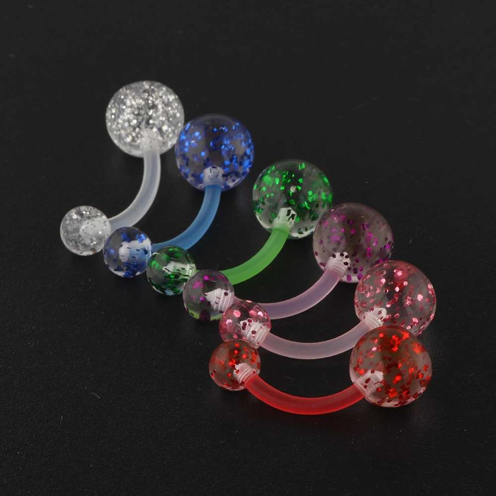 JUNLOWPY 14g Acrylic Bioflex Navel Piercing Glitter Belly Button Rings Traugs Ear Barbell Helix Cartilage Body Jewelry 6 Colors