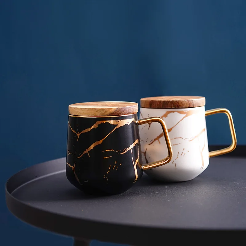 Creative Ceramic Mugs With Gold Handle Espresso Cappuccino Coffee Cups with Wooden Saucer Advanced Tea Cups And Saucers Sets