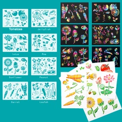 8pcs plant Jellyfish Lotus Pea Sunflower Peanut Carrot Loofash Life Cycle Montessori Educational Stencils Drawing for Kids