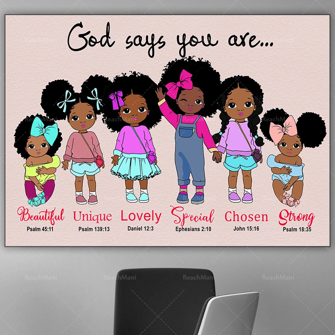 Little Black Girls Canvas Poster, God Says You Are Unique Beautiful Poster, African American Girl, Black Girls Poster, Black Gir