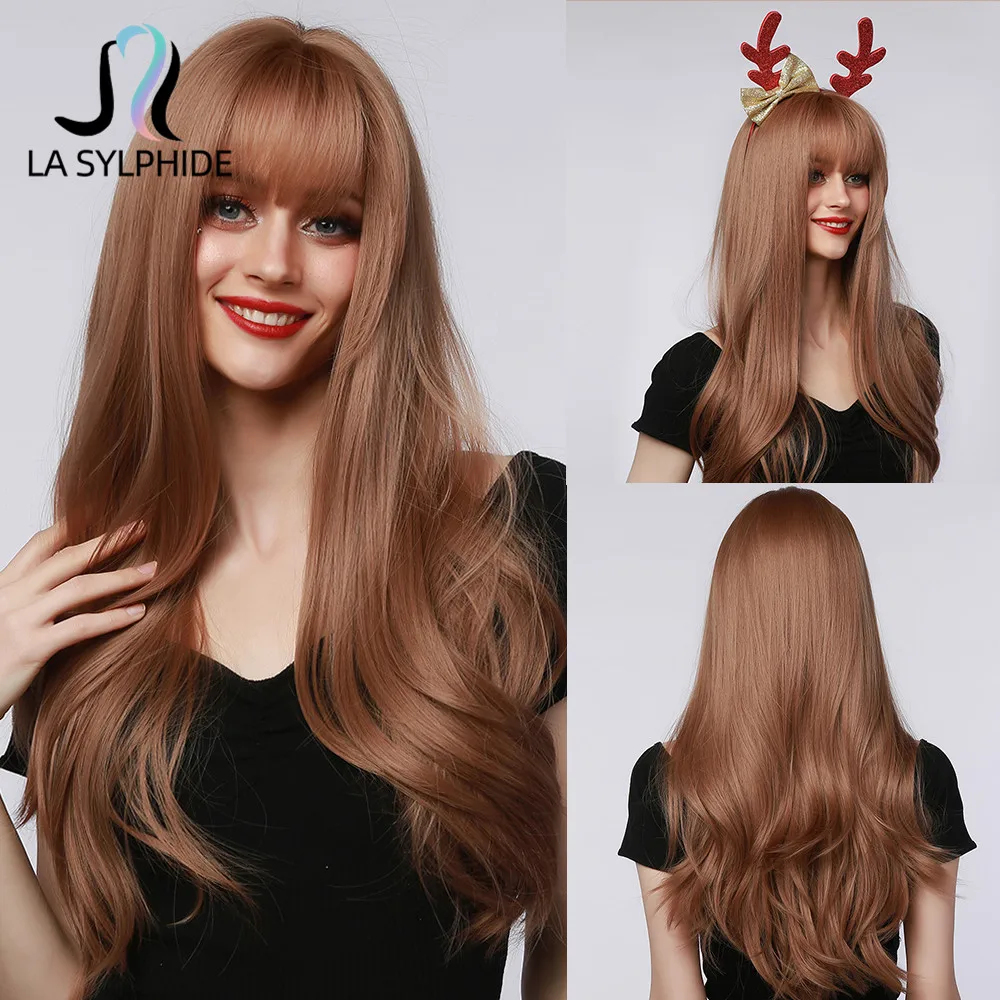 

La Sylphide Synthetic Wig Long Natural Wavy Brown Hair Wigs with Bangs for Women Cosplay Party Lolita Heat Resistant Fiber