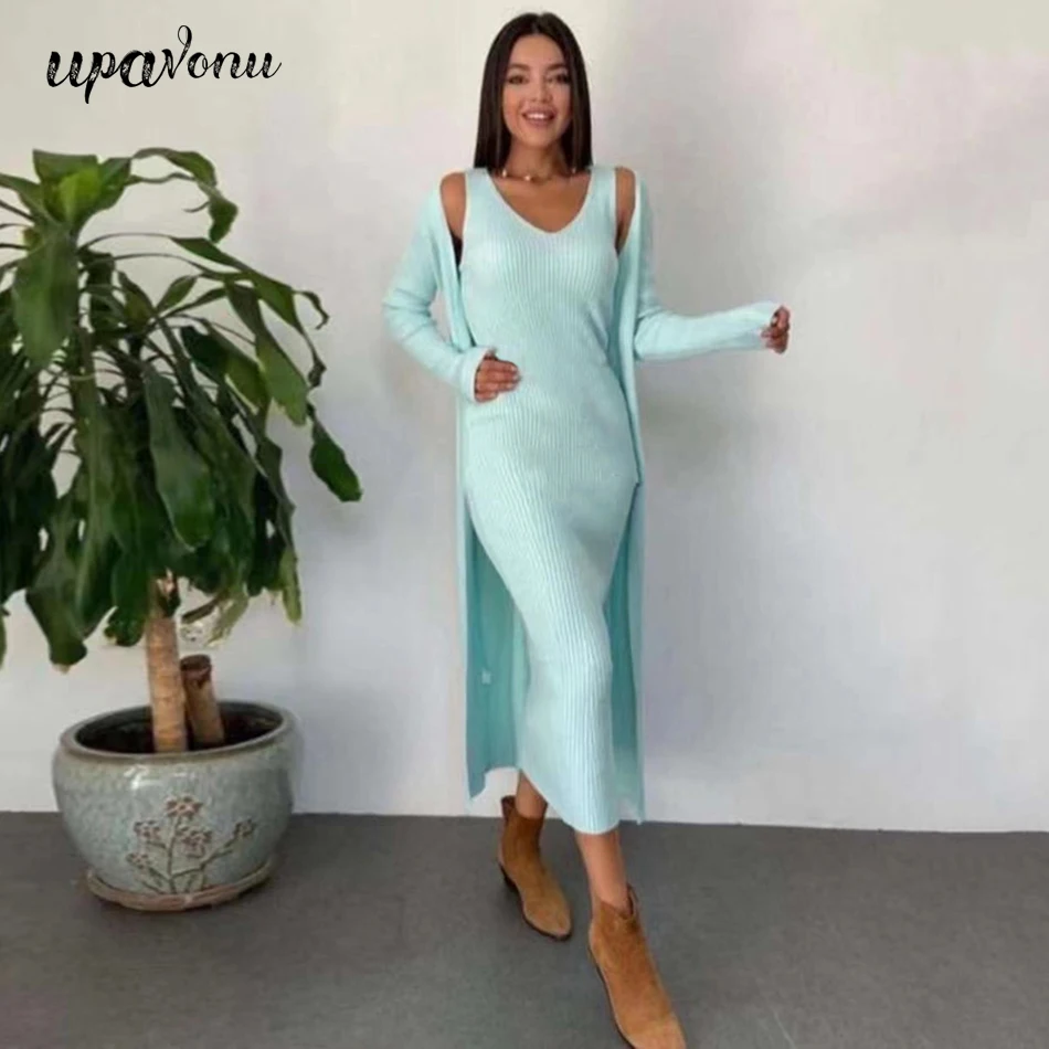 2024 Casual Knit Sling Dress Set V-neck Long Sleeve Loose Long Cardigan Jacket & Midi Dress Two-piece Set 2021 Autumn