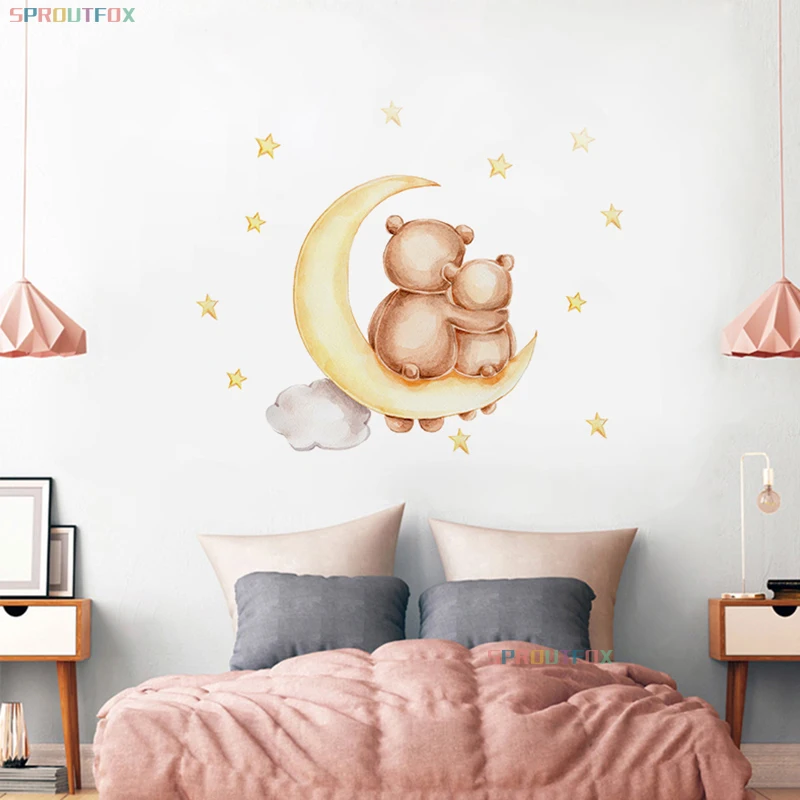 Mommy Bear and Little Bear on the Moon Wall Sticker for Baby Room Children Bedroom Warm Home Decoration Nodic Decals