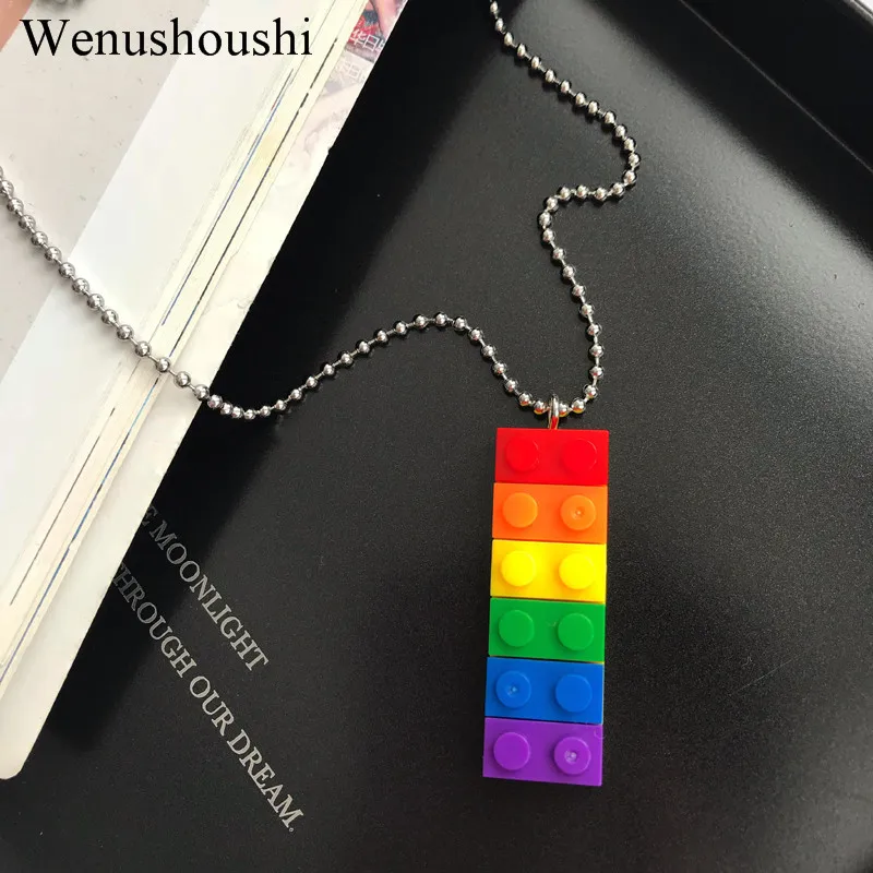 Stainless chain fashion Childlike Acrylic rainbow building blocks necklaces women creative novelty toy brick necklace men di129