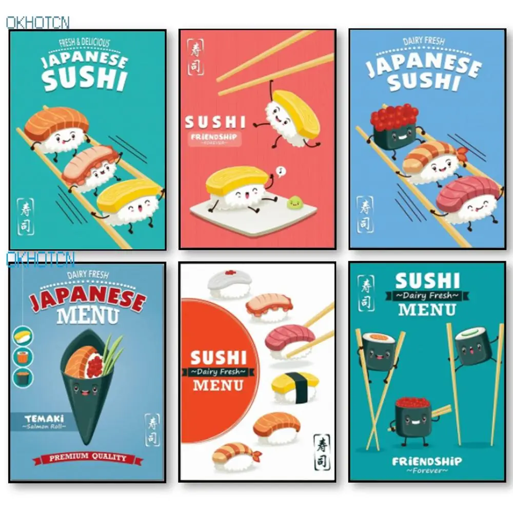 

Cute Funny Japanese Sushi Cartoon Canvas Painting Wall Art Poster and Prints Restaurant Kitchen Home Decoration Modular Picture