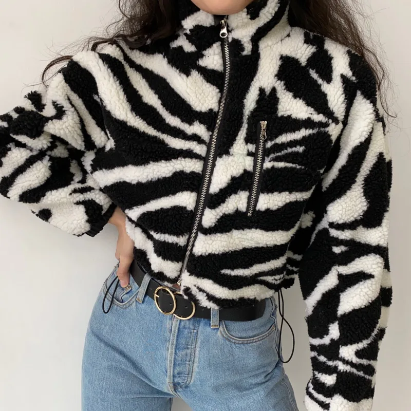 Manteau en laine d'agneau à manches longues, fermeture éclair, en peluche, veste courte chaude, col montant, zèbre, Streetwear, Vintage, hiver