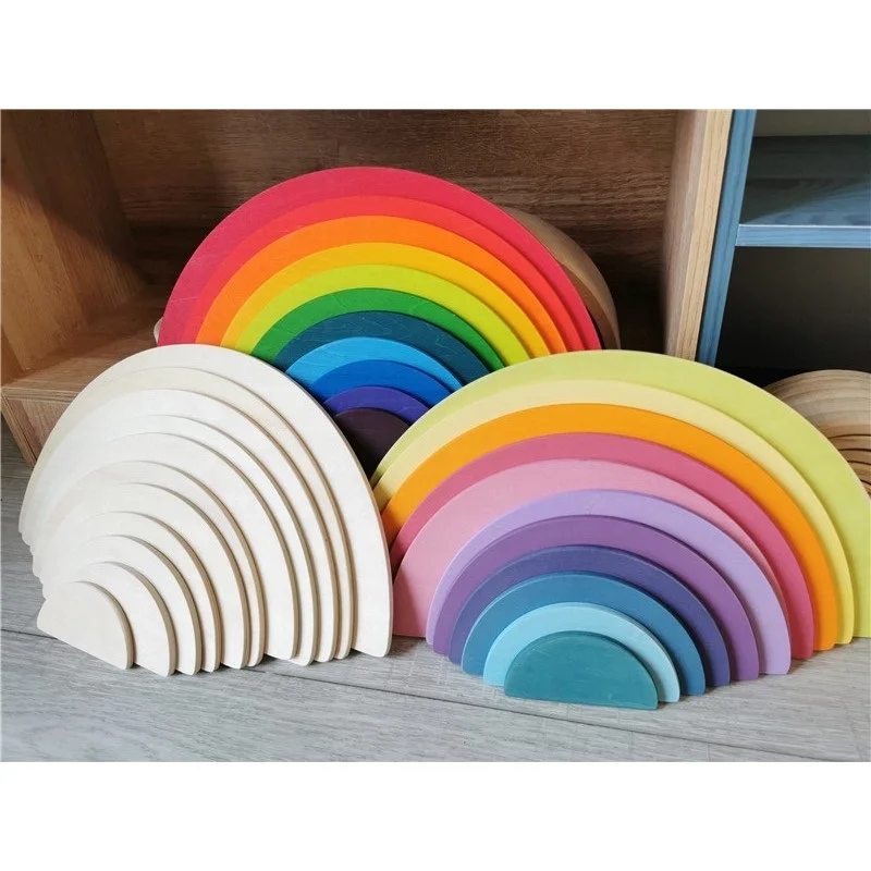 Kids Wood Rainbow Arch Stacker Pastel Building Blocks Semi-circle Balls Plate Unpaint Stacking Toys