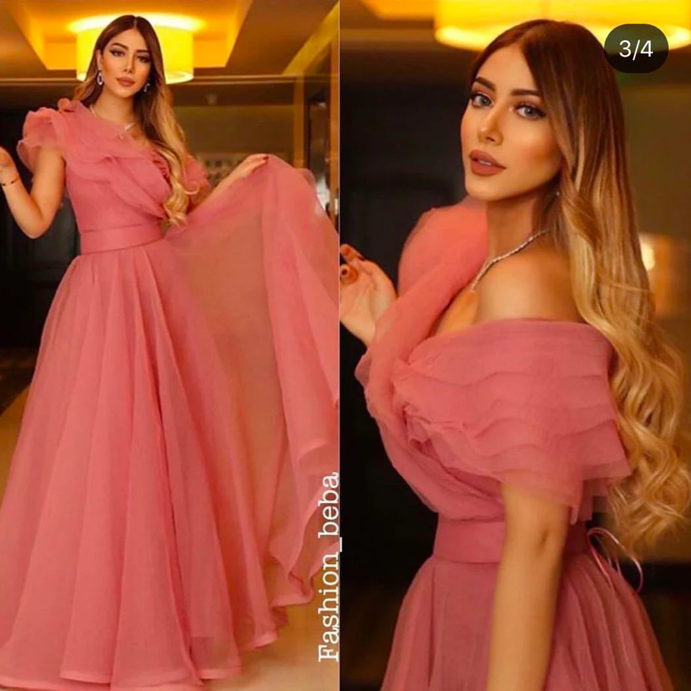 Vestidos de baile rosa 2020 um ombro a linha tule até o chão plissado vestidos de noite longos