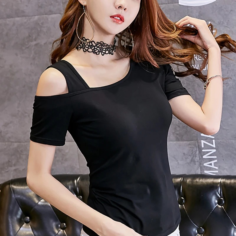 Korean Style Off The Shoulder Tops For Women T Shirt Femme Tshirt Camisetas Mujer Verano 2020 Summer Zipper Women T-Shirt Black