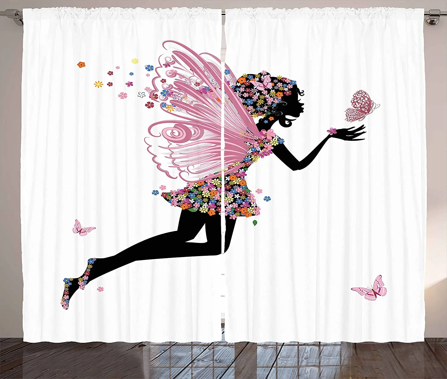 Tale Curtains Floral Arrangement Dress Pattern Winged Girl with Butterflies Cartoon Style Angel Living Room Window Drapes