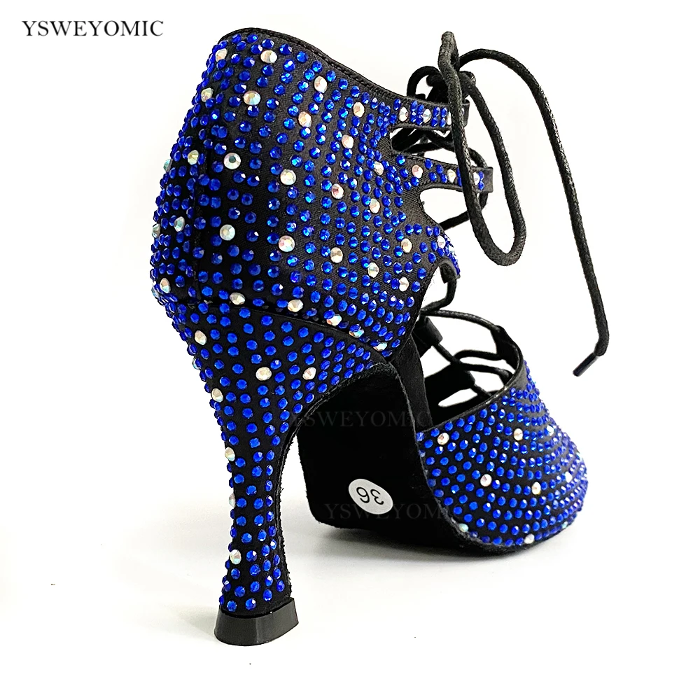 Salsa Bachata Latin Dance Shoes For Dancing Women Soft Social Sexy Blue Rhinestones High Heel Summer Dance Sandal Dance Shoes