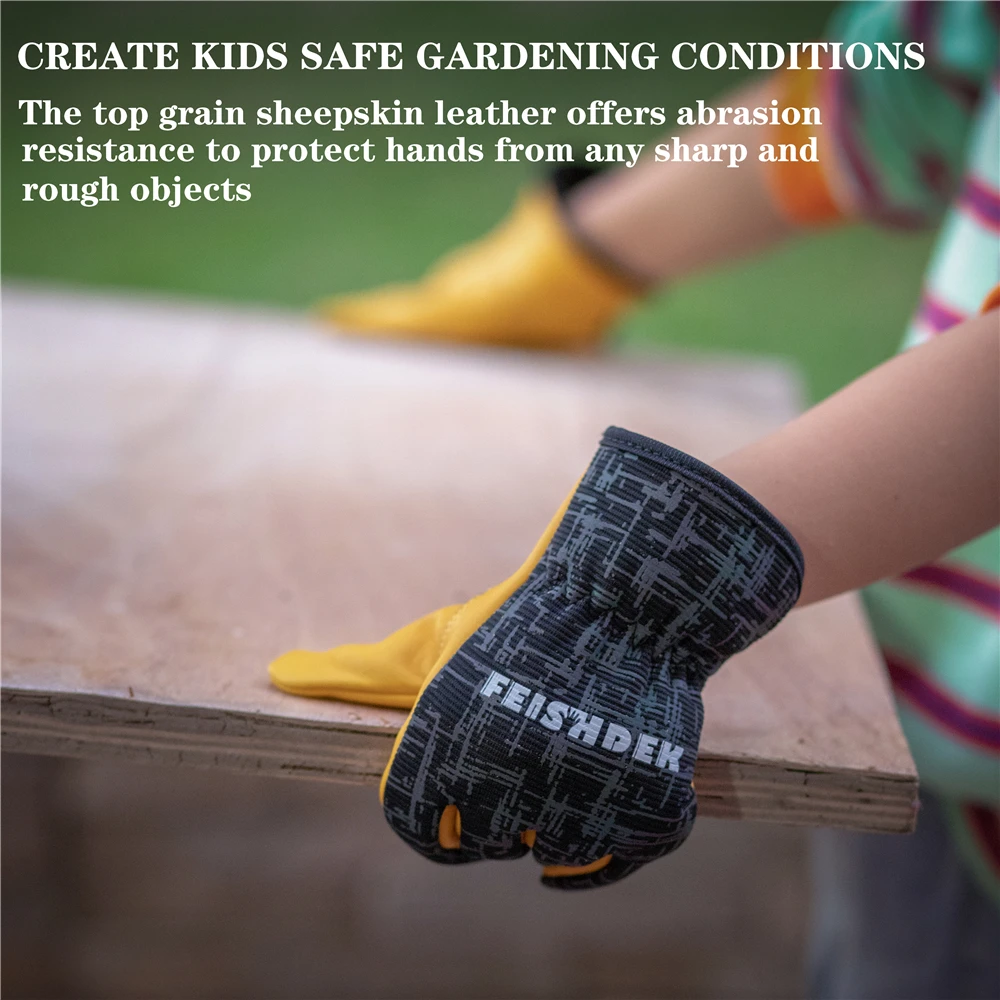 Kids Gardening Work Gloves Reflective Brethable Wear Resistance Safety Protection with Genuine Leather Easy Cuff Comfortable