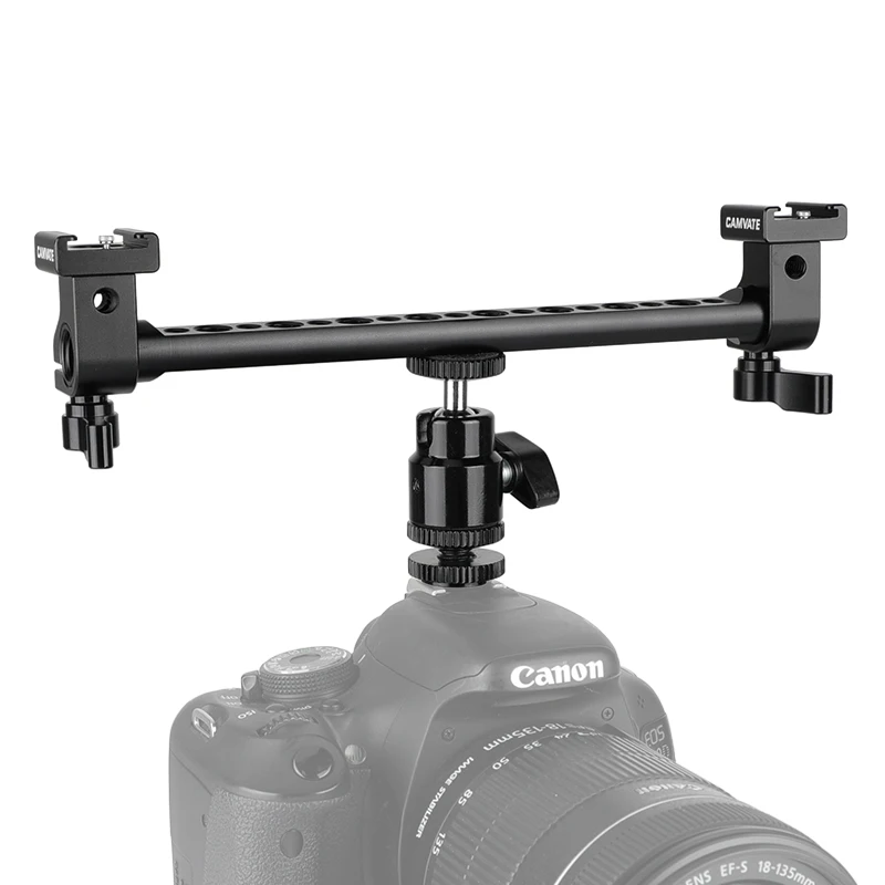 CAMVATE T-bar Bracket Arm With Double Cold Shoe Mounts Support & Adjustable 1/4