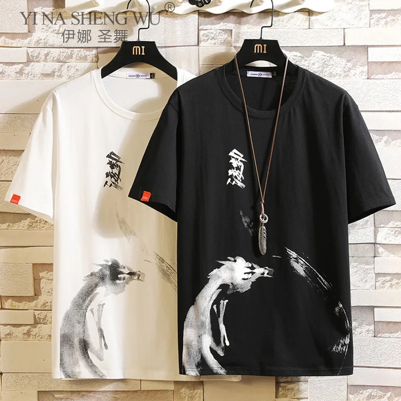 Chinese Style T Shirt Men Funny Anime Print O-Neck Japanese Loose Black White Gray Cotton Tshirts Male Summer Streetwear Fashion