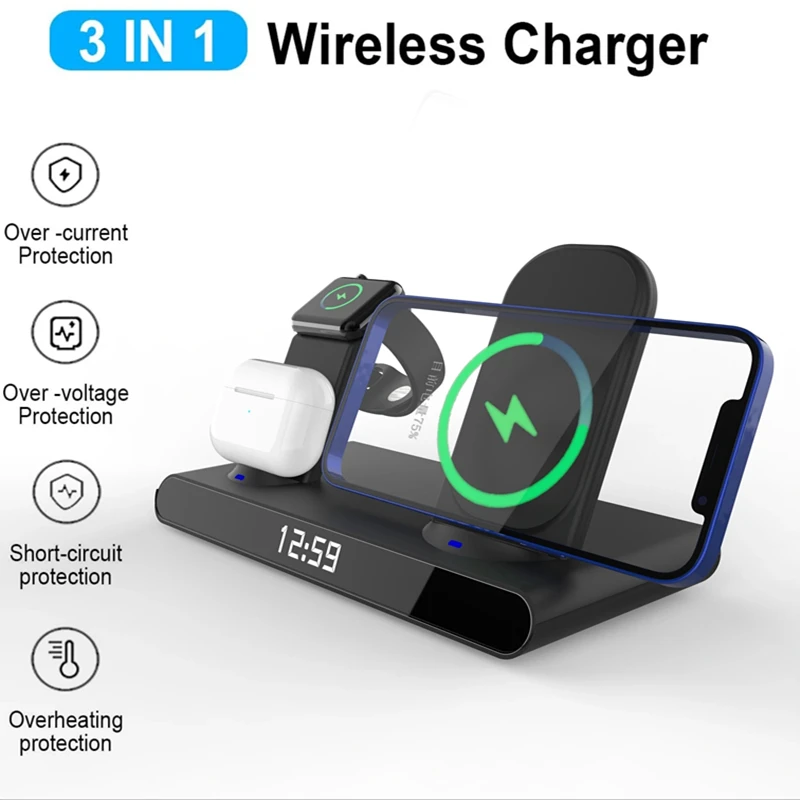 

3 IN 1 15W Wireless Charger Pad Alarm Clock for apple iPhone 12 11 XR 8 Plus Charger for Apple Watch 6 5 4/Airpods 2/Pro Samsung