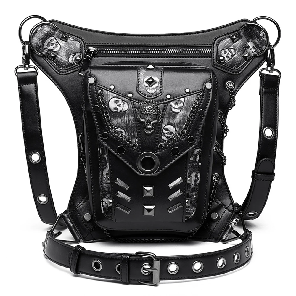 

New Punk Rock Motorcycle Waistbag For Women Steampunk Motor Biker Chain Leg Bag Men Skull Rivet Shoulder Messenger Purses Unisex