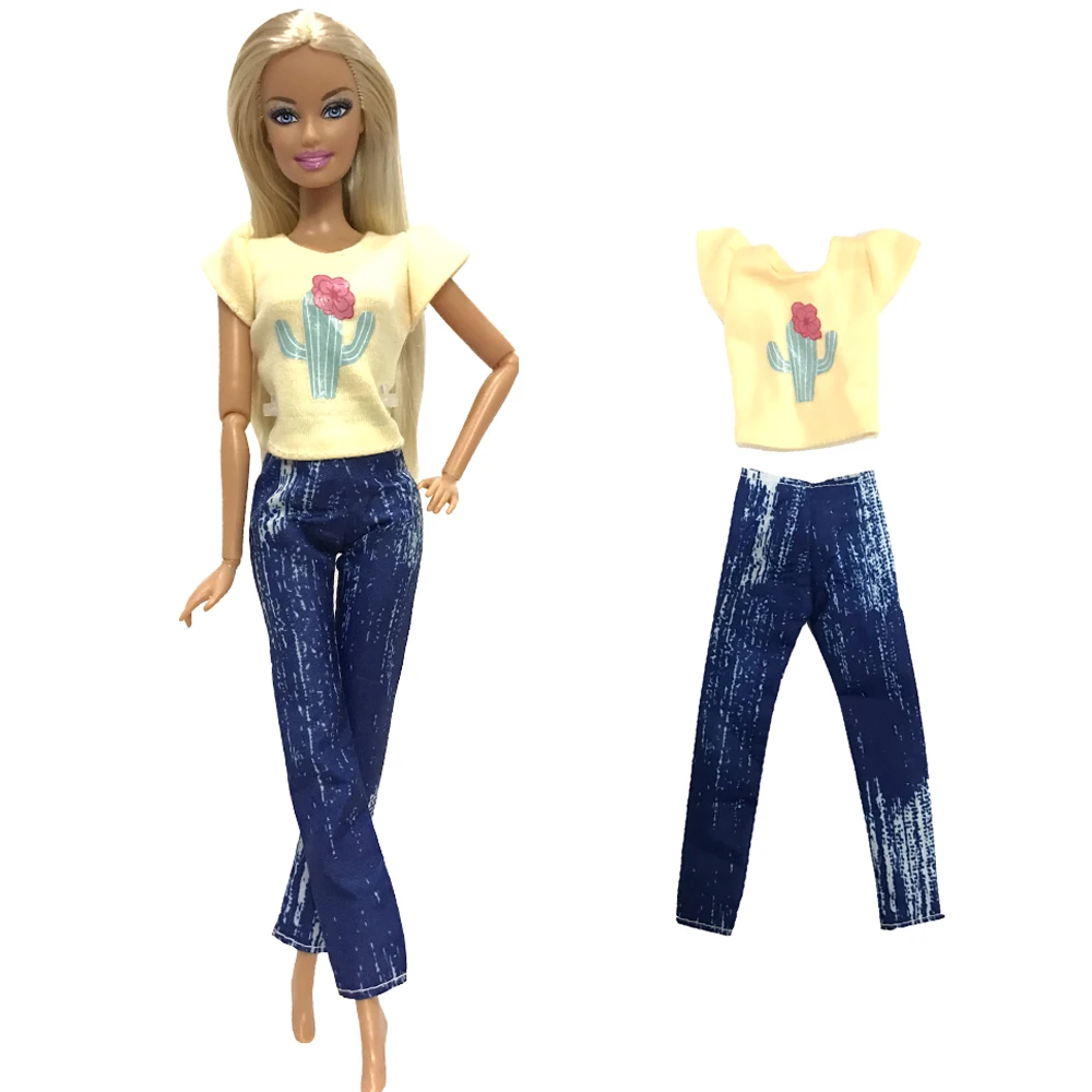 

1 Set 1/6 Doll Clothing 11.5 Inch Doll Clothes Doll Accessories Yellow T-shirt + Imitation Denim Trousers Casual Suit